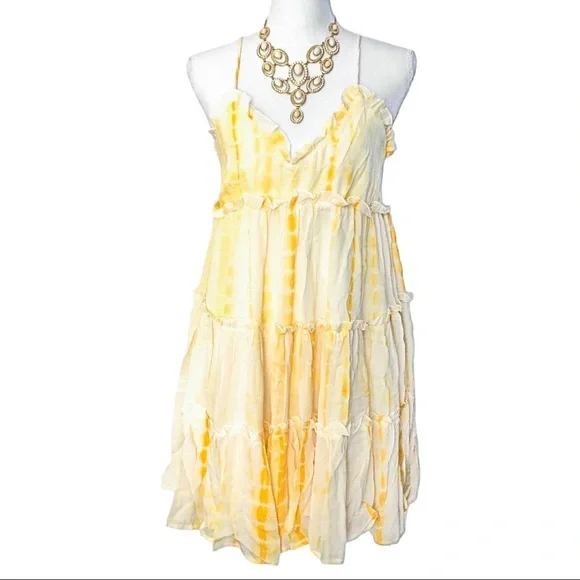 🆕 Gorgeous Yellow White TieDyed Tiered Spaghetti Strap Babydoll Dress SM NWT - Picture 9 of 9